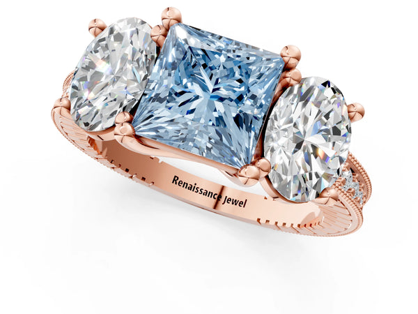 Rose Gold Princess Cut Three-Stone Engagement Ring Setting for Fancy Blue Center with Pave Band