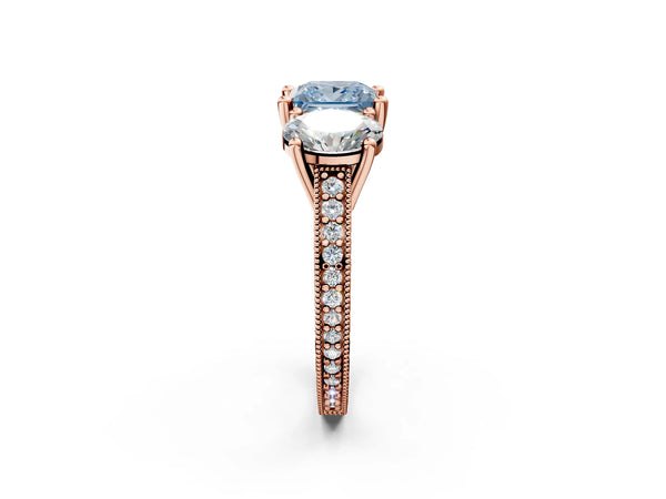 Rose Gold Princess Cut Three-Stone Engagement Ring Setting for Fancy Blue Center with Pave Band