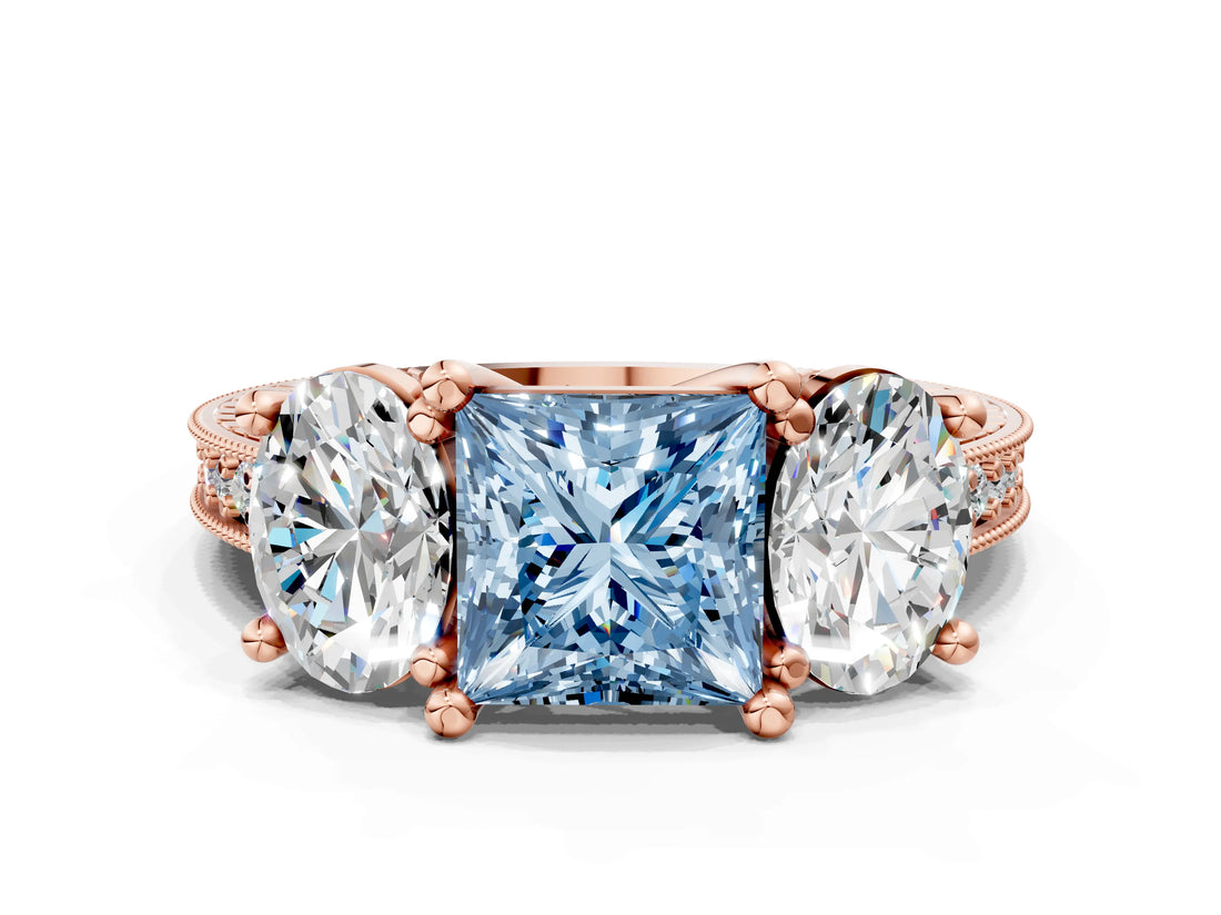 Rose gold Three-Stone Fancy Blue Princess  Diamond Milgrain Pave Band with Prong Setting