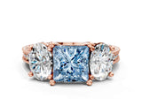 Rose gold Three-Stone Fancy Blue Princess  Diamond Milgrain Pave Band with Prong Setting
