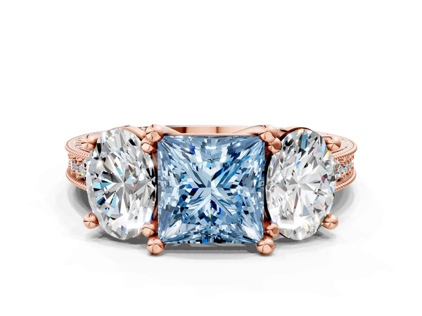 Rose Gold Princess Cut Three-Stone Engagement Ring Setting for Fancy Blue Center with Pave Band