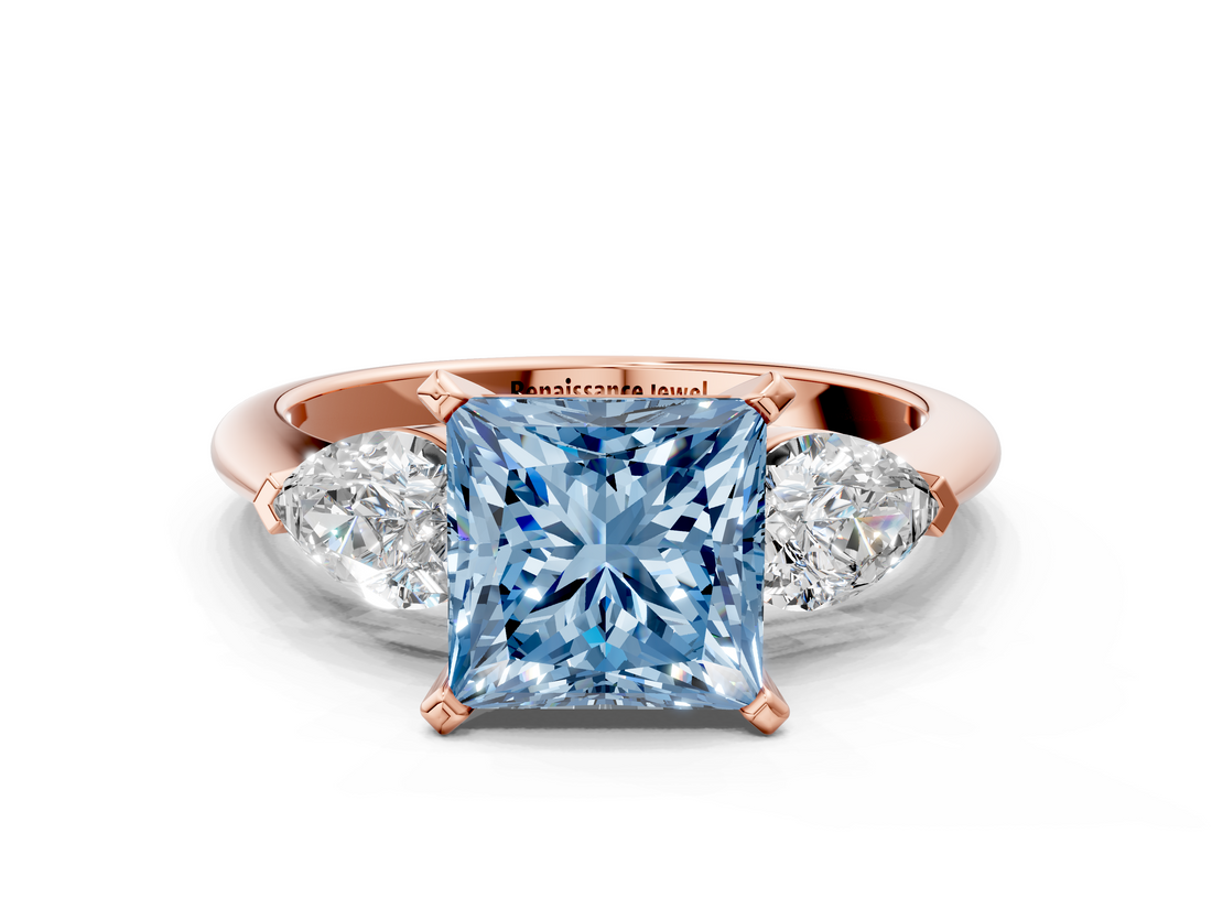 Rose gold Three-Stone Fancy Blue Princess  Diamond Ring with Pear Side Stones in Four-Prong Setting_76