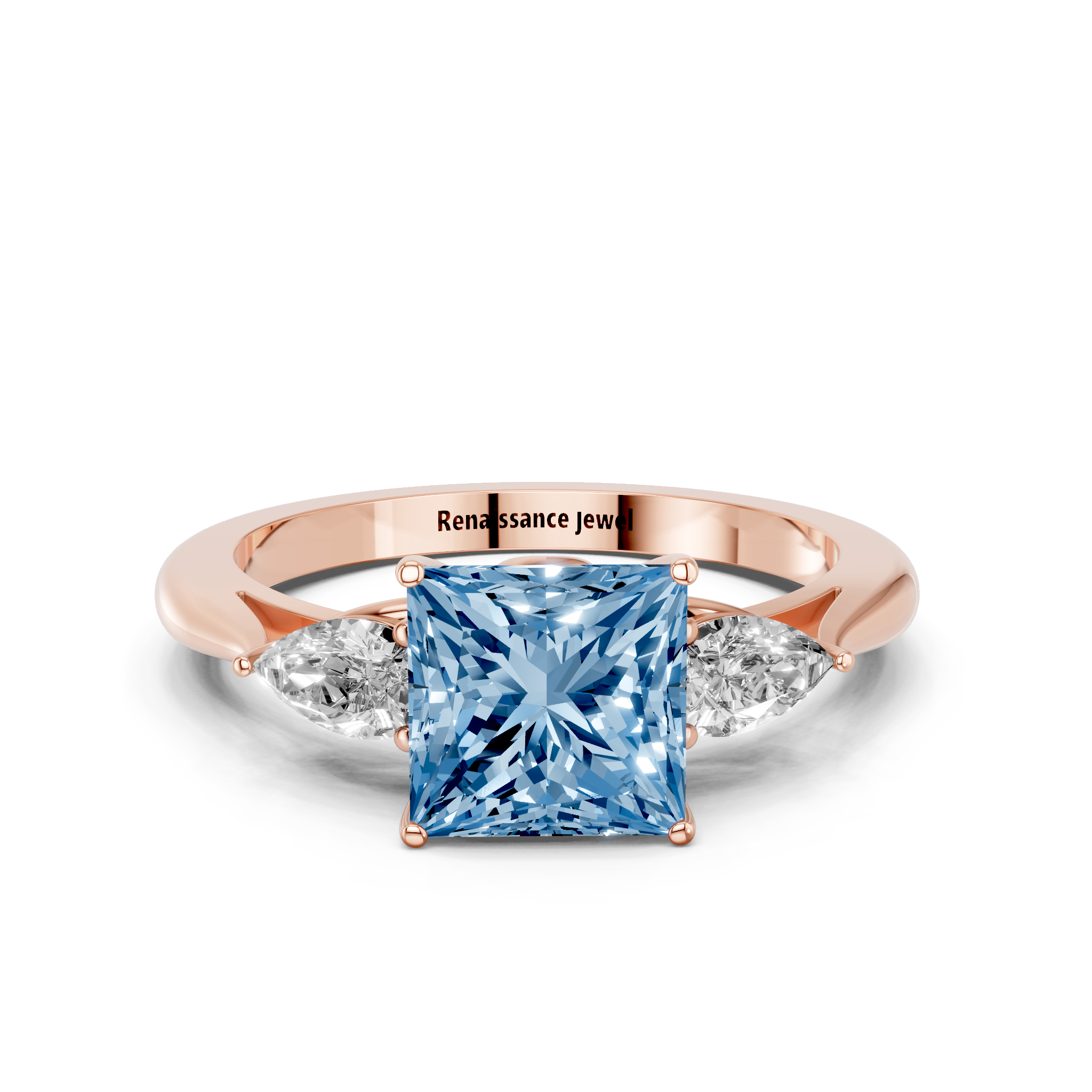 Rose gold Three-Stone Fancy Blue Princess  Diamond Solitaire Ring with Pear Side Stones and Four-Prong Setting_14