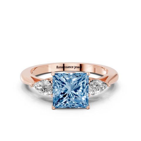 Rose gold Three-Stone Fancy Blue Princess  Diamond Solitaire Ring with Pear Side Stones and Four-Prong Setting_14
