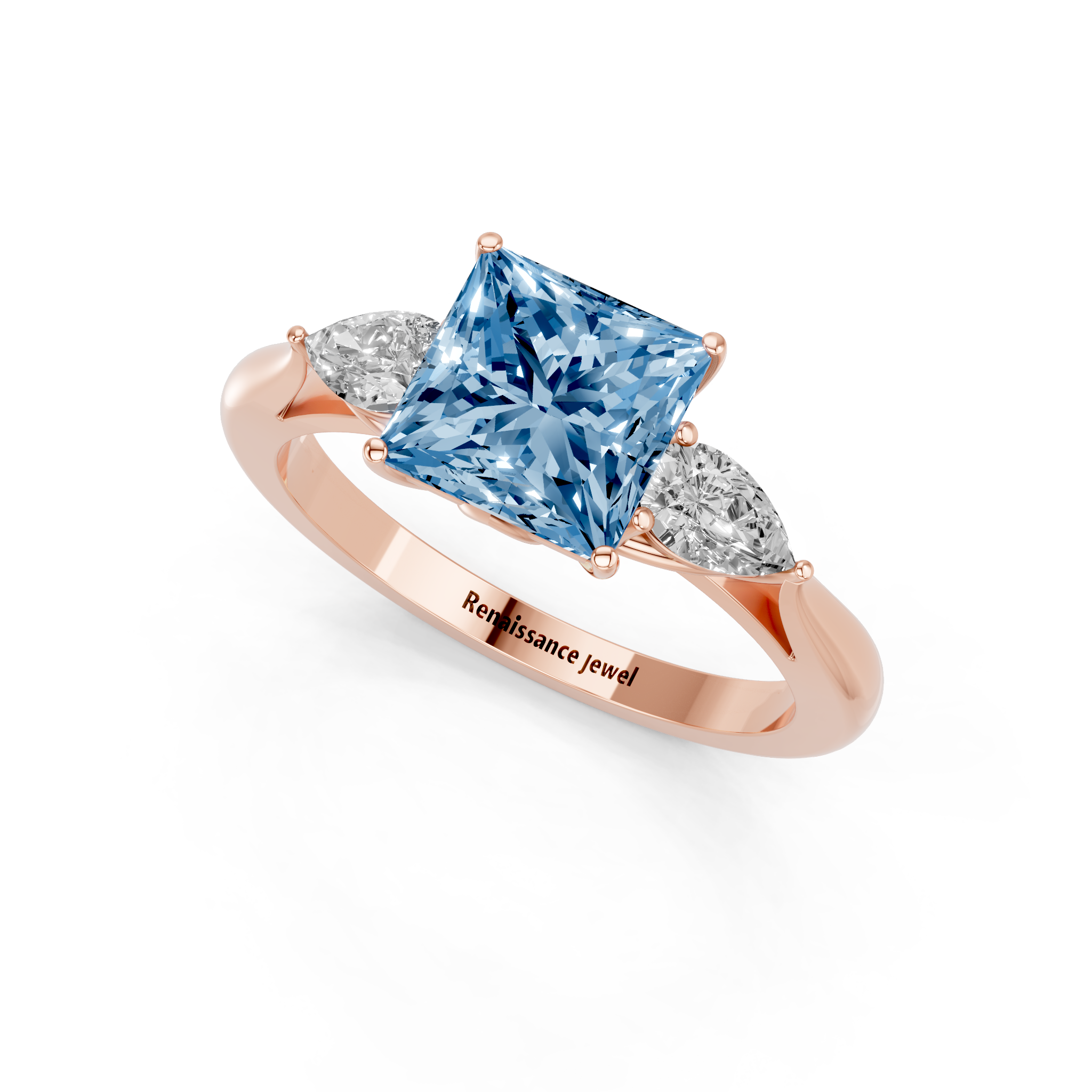 Rose gold Three-Stone Fancy Blue Princess  Diamond Solitaire Ring with Pear Side Stones and Four-Prong Setting_3