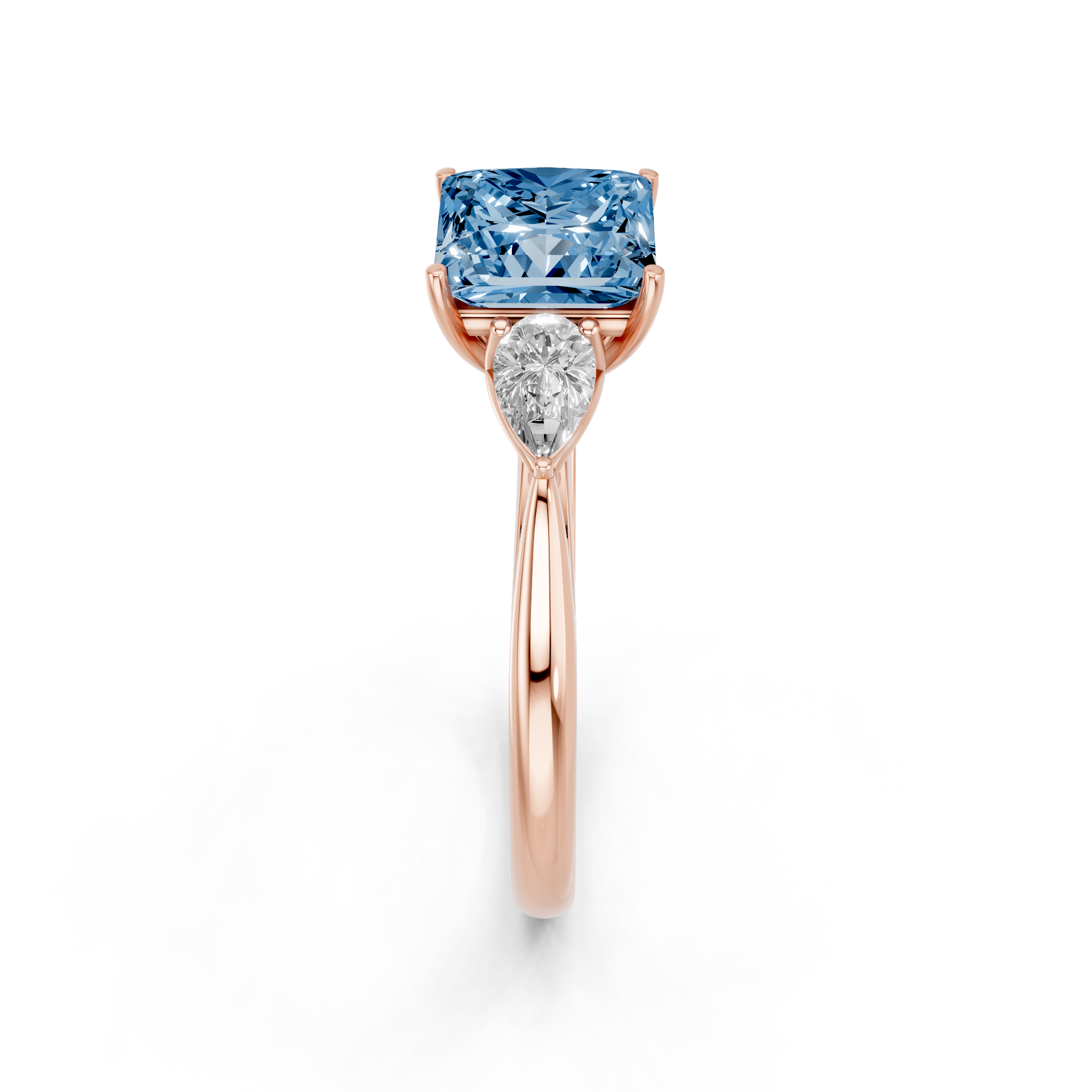 Rose gold Three-Stone Fancy Blue Princess  Diamond Solitaire Ring with Pear Side Stones and Four-Prong Setting_4