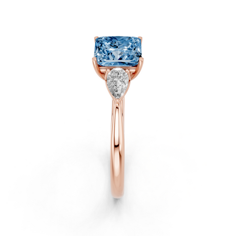 Rose gold Three-Stone Fancy Blue Princess  Diamond Solitaire Ring with Pear Side Stones and Four-Prong Setting_4