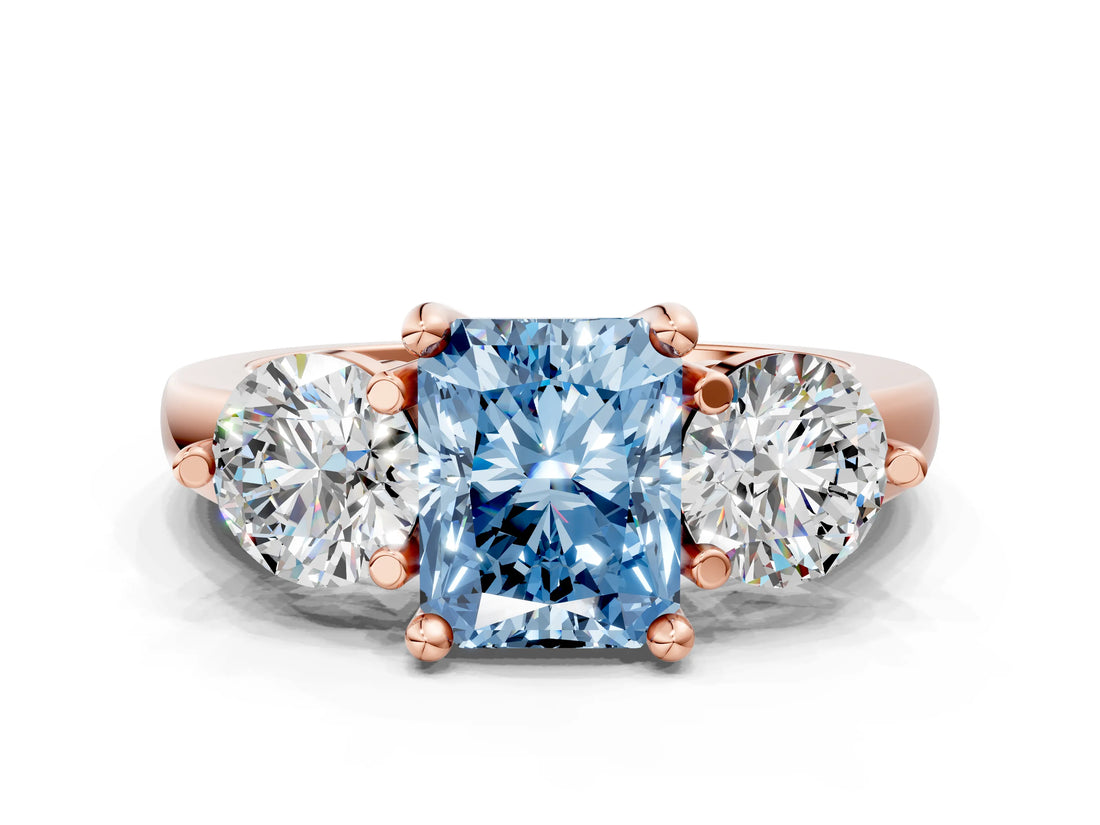 Rose gold Three-Stone Fancy Blue Radiant  Brilliant Cut Solitaire Ring with Prong Setting on a Classic Band