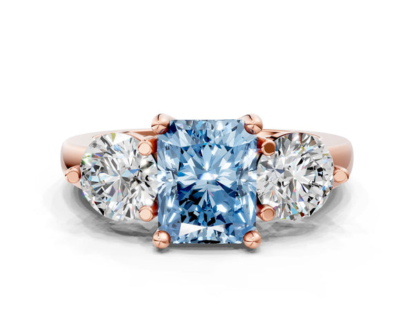 Rose Gold Radiant Cut Classic Three Stone Engagement Ring Setting for Fancy Blue Center