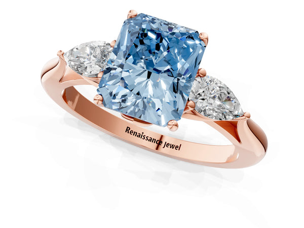 Rose gold Three-Stone Fancy Blue Radiant Cut Brilliant Diamond Solitaire Ring with Tapered Band and Four-Prong Setting