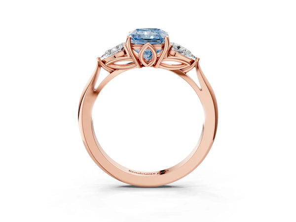 Rose gold Three-Stone Fancy Blue Radiant Cut Brilliant Diamond Solitaire Ring with Tapered Band and Four-Prong Setting