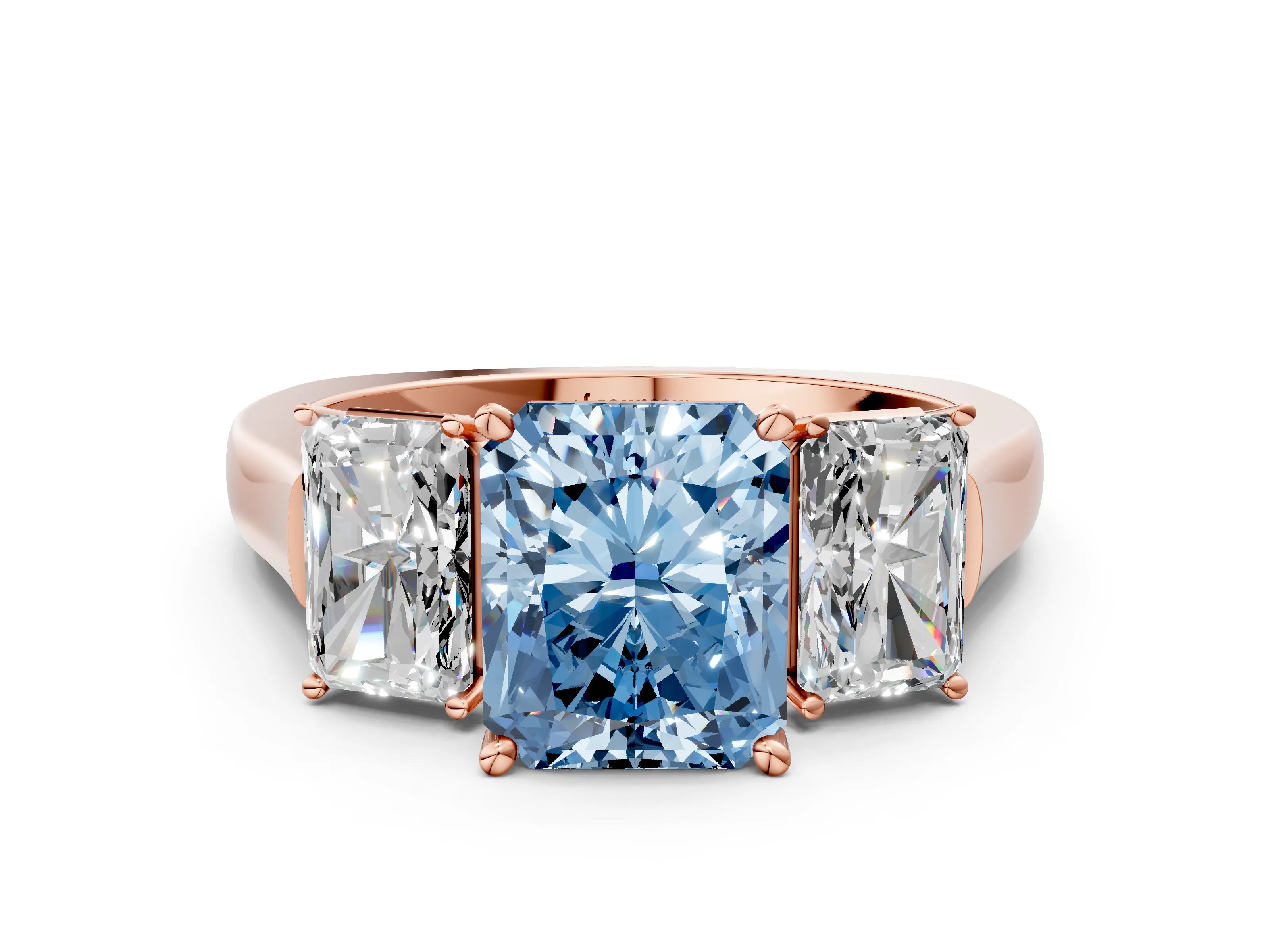Rose gold Three-Stone Fancy Blue Radiant Cut Brilliant Diamond Trellis Ring with Comfort Fit Band