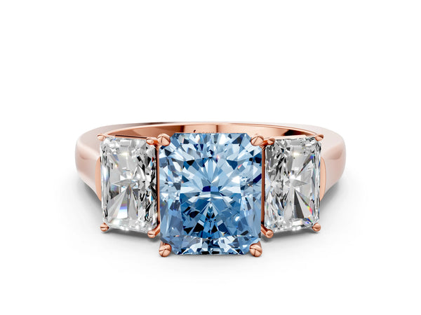 Rose gold Three-Stone Fancy Blue Radiant Cut Brilliant Diamond Trellis Ring with Comfort Fit Band