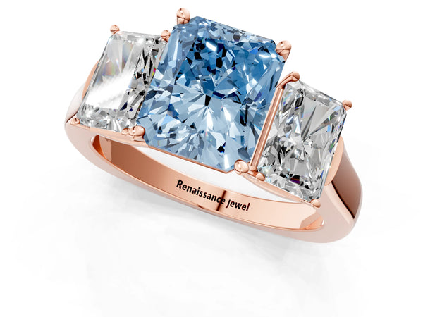 Rose gold Three-Stone Fancy Blue Radiant Cut Brilliant Diamond Trellis Ring with Comfort Fit Band