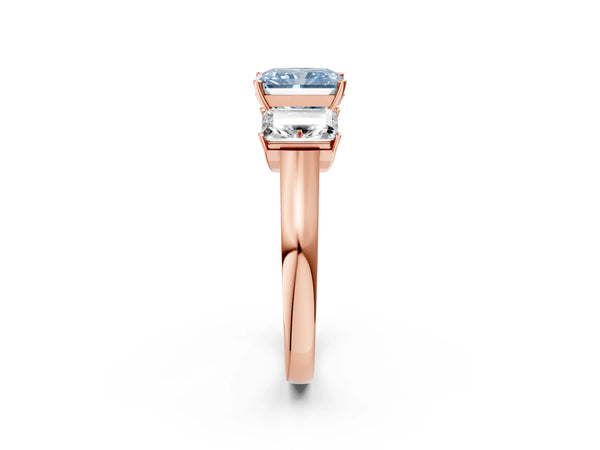 Rose gold Three-Stone Fancy Blue Radiant Cut Brilliant Diamond Trellis Ring with Comfort Fit Band