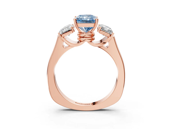 Rose gold Three-Stone Fancy Blue Radiant Cut Brilliant Diamond Trellis Ring with Comfort Fit Band