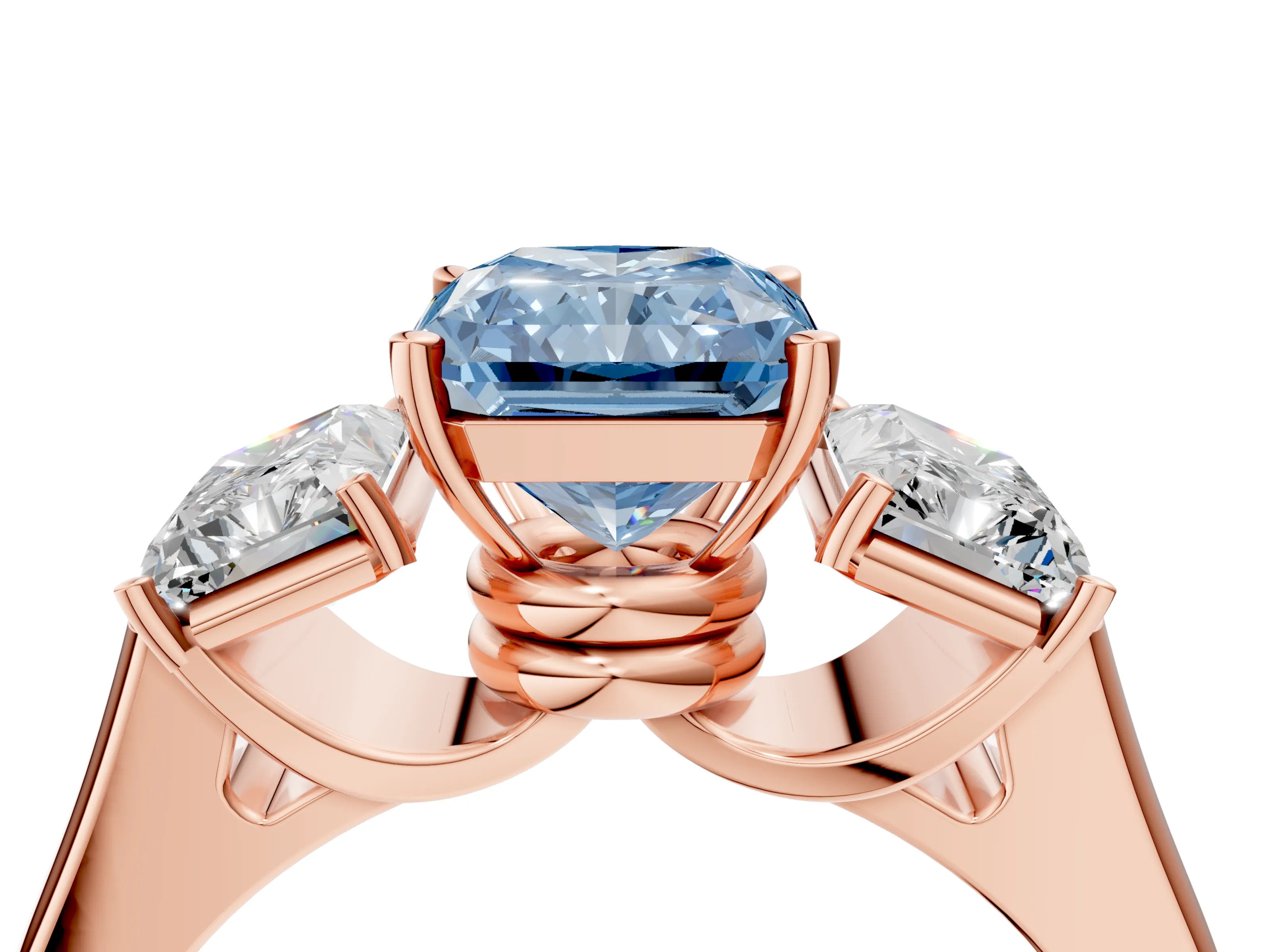Rose gold Three-Stone Fancy Blue Radiant Cut Brilliant Diamond Trellis Ring with Comfort Fit Band_4