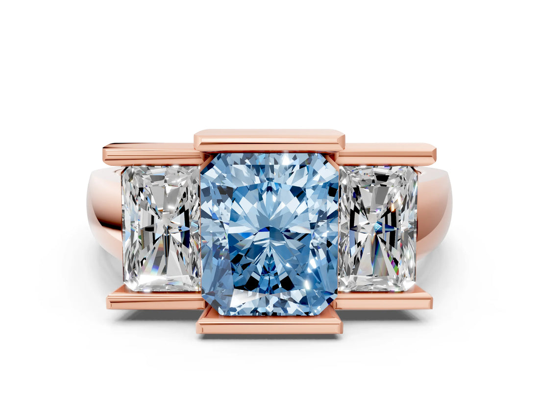 Rose gold Three Stone Fancy Blue Radiant Cut Cut Channel Set Diamond Ring