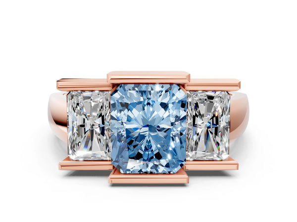 Rose Gold Radiant Cut Channel Set Three Stone Engagement Ring Setting for Fancy Blue Center