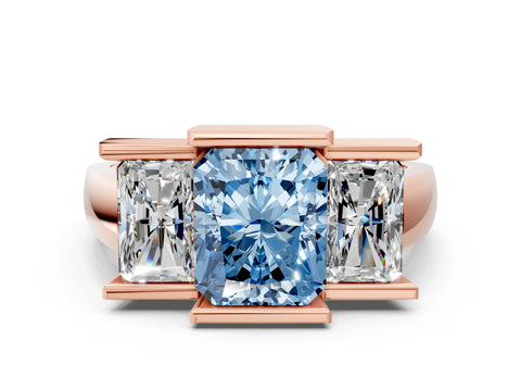 Rose gold Three Stone Fancy Blue Radiant Cut Cut Channel Set Diamond Ring