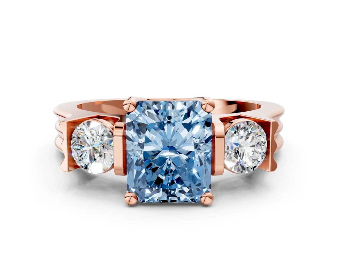 Rose gold Three-Stone Fancy Blue Radiant Cut Cut Classic Band Prong Setting Ring
