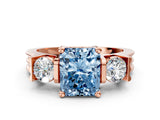 Rose gold Three-Stone Fancy Blue Radiant Cut Cut Classic Band Prong Setting Ring