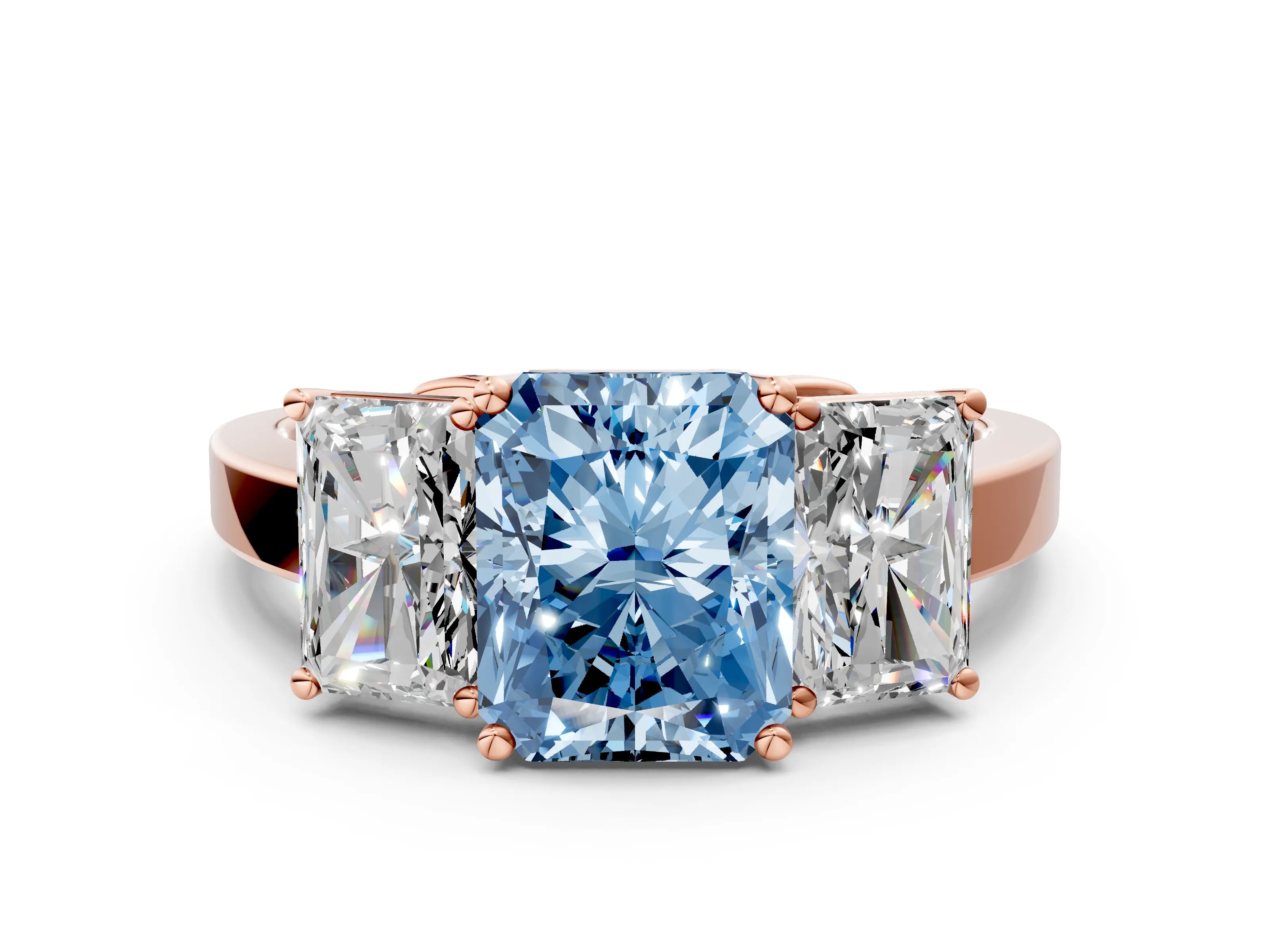 Rose gold Three-Stone Fancy Blue Radiant Cut Cut Diamond Engagement Ring with Flat Band and Four-Prong Setting