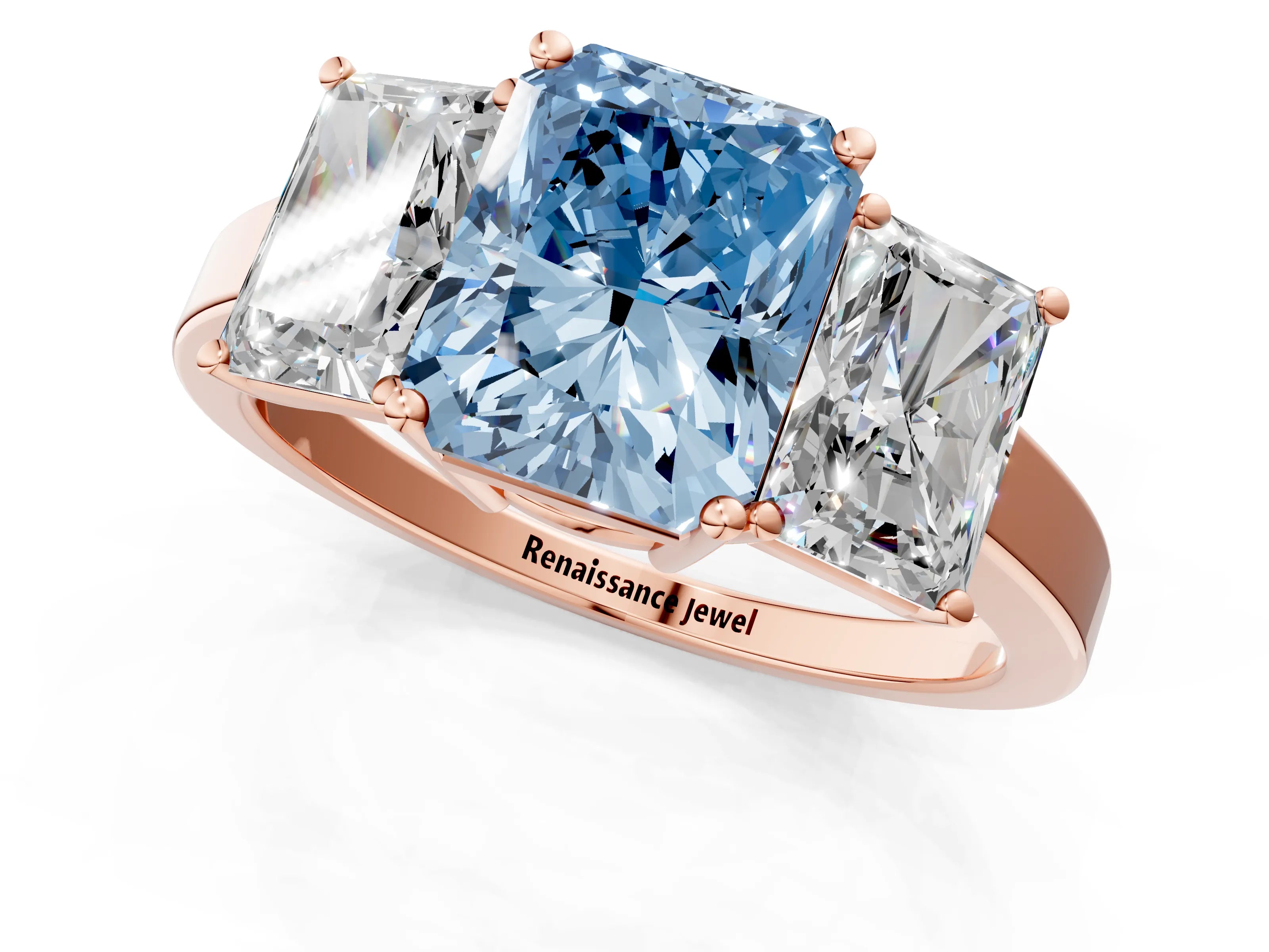Rose gold Three-Stone Fancy Blue Radiant Cut Cut Diamond Engagement Ring with Flat Band and Four-Prong Setting_1