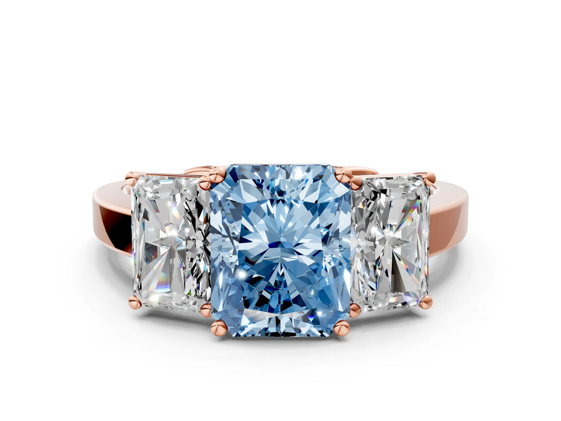 Rose gold Three-Stone Fancy Blue Radiant Cut Cut Diamond Engagement Ring with Flat Band and Four-Prong Setting_12