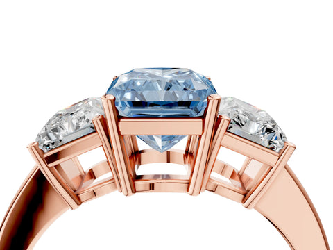 Rose gold Three-Stone Fancy Blue Radiant Cut Cut Diamond Engagement Ring with Flat Band and Four-Prong Setting_16