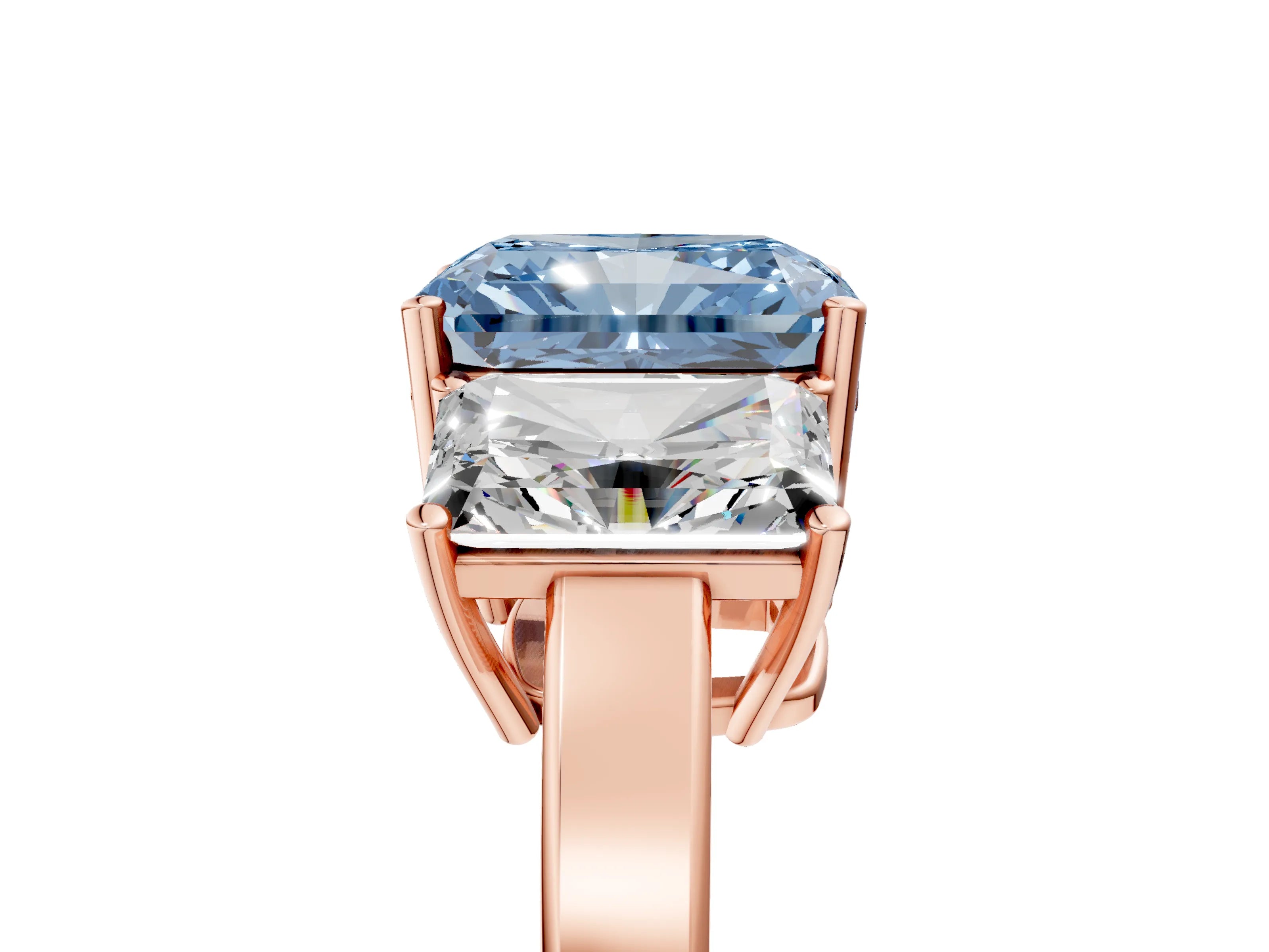 Rose gold Three-Stone Fancy Blue Radiant Cut Cut Diamond Engagement Ring with Flat Band and Four-Prong Setting_17