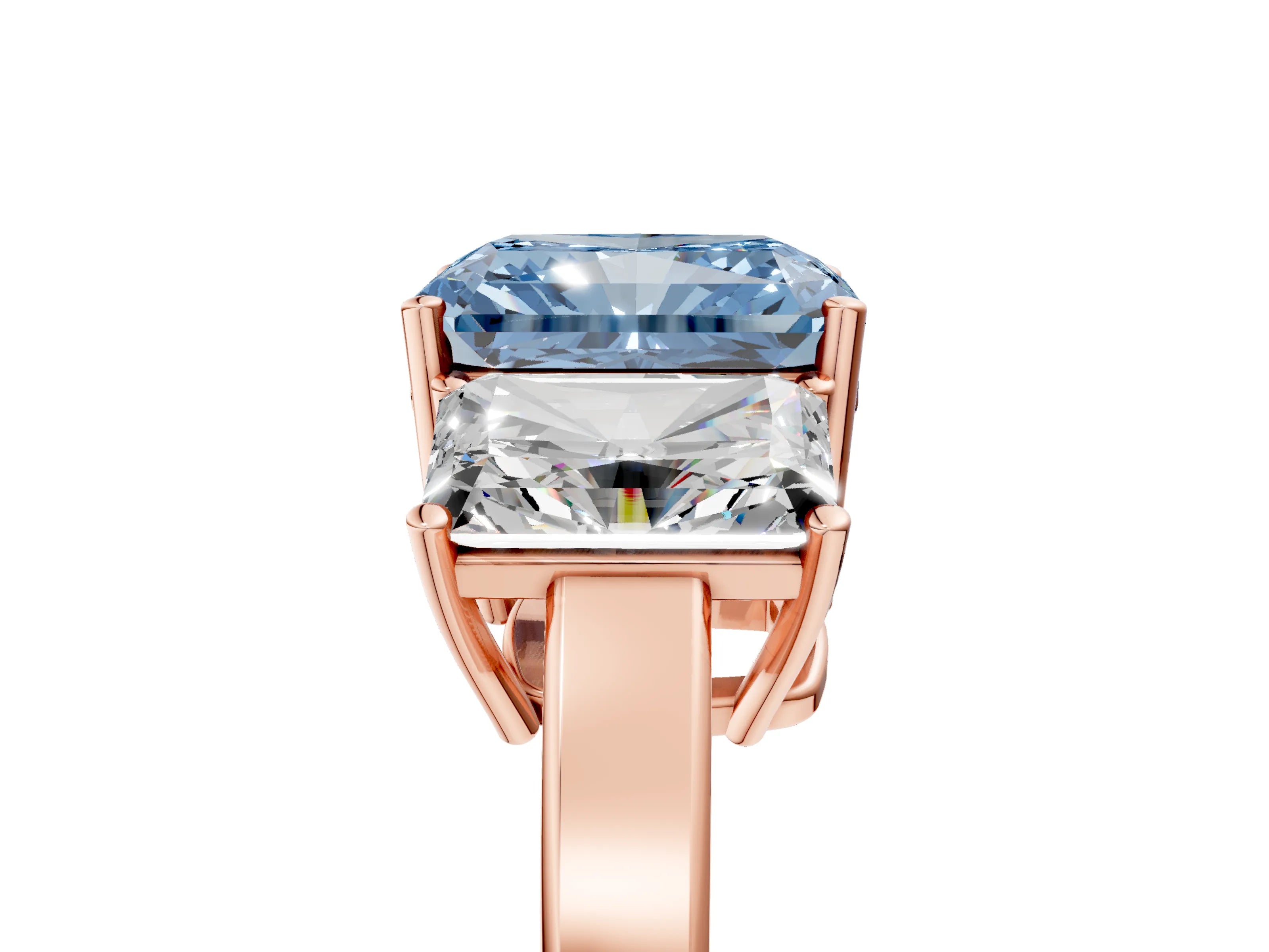 Rose gold Three-Stone Fancy Blue Radiant Cut Cut Diamond Engagement Ring with Flat Band and Four-Prong Setting_5