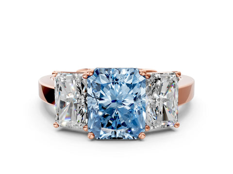 Rose gold Three-Stone Fancy Blue Radiant Cut Cut Diamond Engagement Ring with Flat Band and Four-Prong Setting
