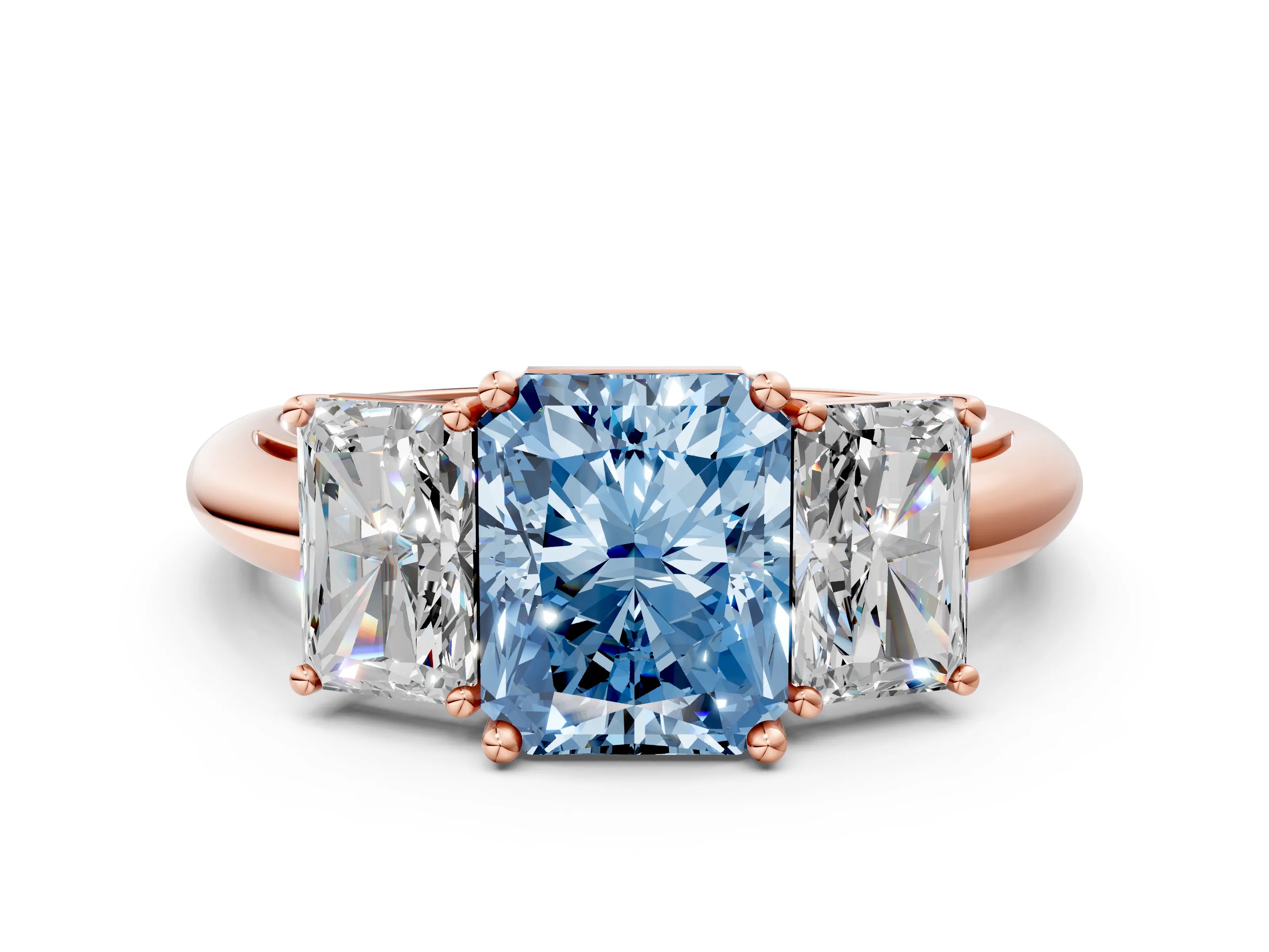 Rose gold Three-Stone Fancy Blue Radiant Cut Cut Diamond Engagement Ring with Prong Setting on a White Gold Band