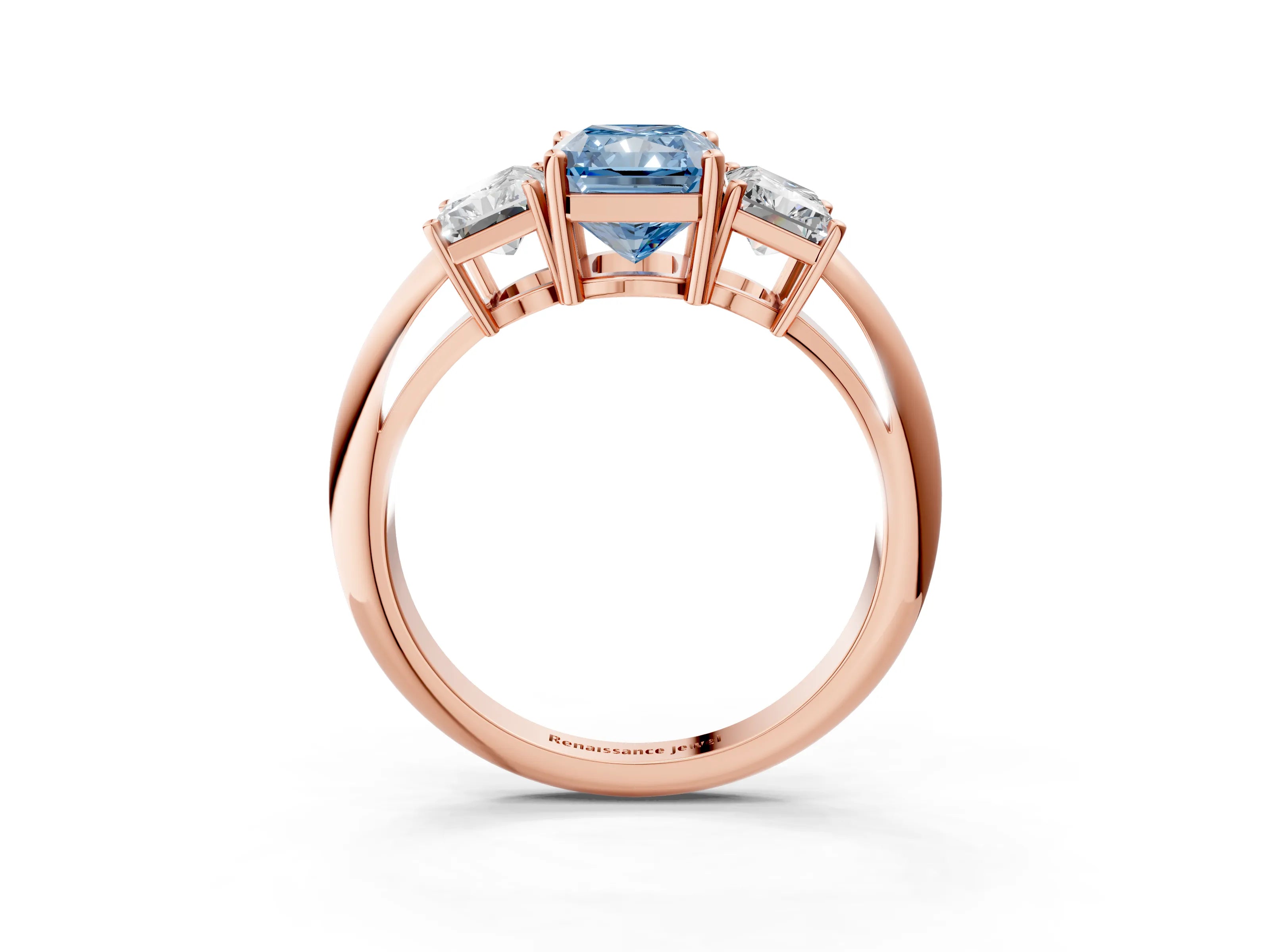 Rose gold Three-Stone Fancy Blue Radiant Cut Cut Diamond Engagement Ring with Prong Setting on a White Gold Band_3
