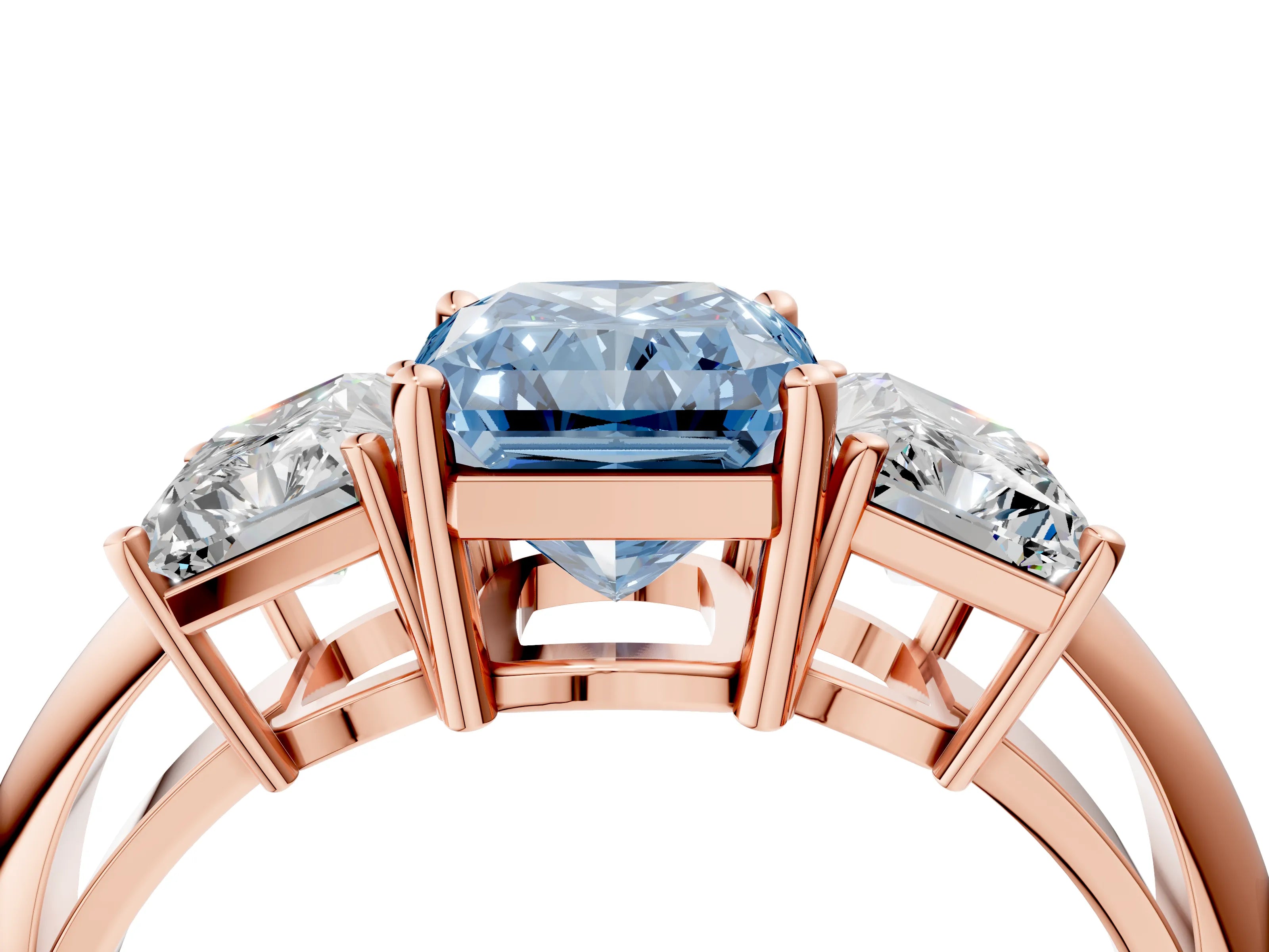 Rose gold Three-Stone Fancy Blue Radiant Cut Cut Diamond Engagement Ring with Prong Setting on a White Gold Band_4
