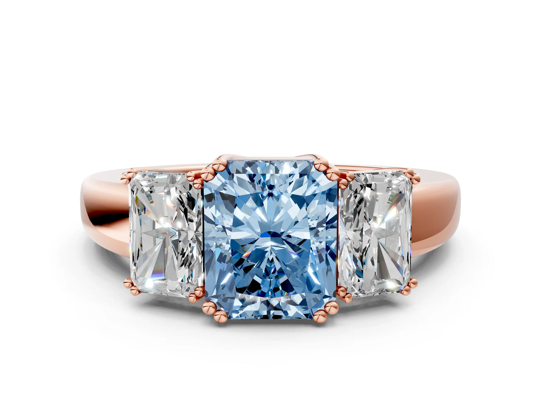 Rose gold Three-Stone Fancy Blue Radiant Cut Cut Diamond Ring with Channel Set Band and Four-Prong Setting
