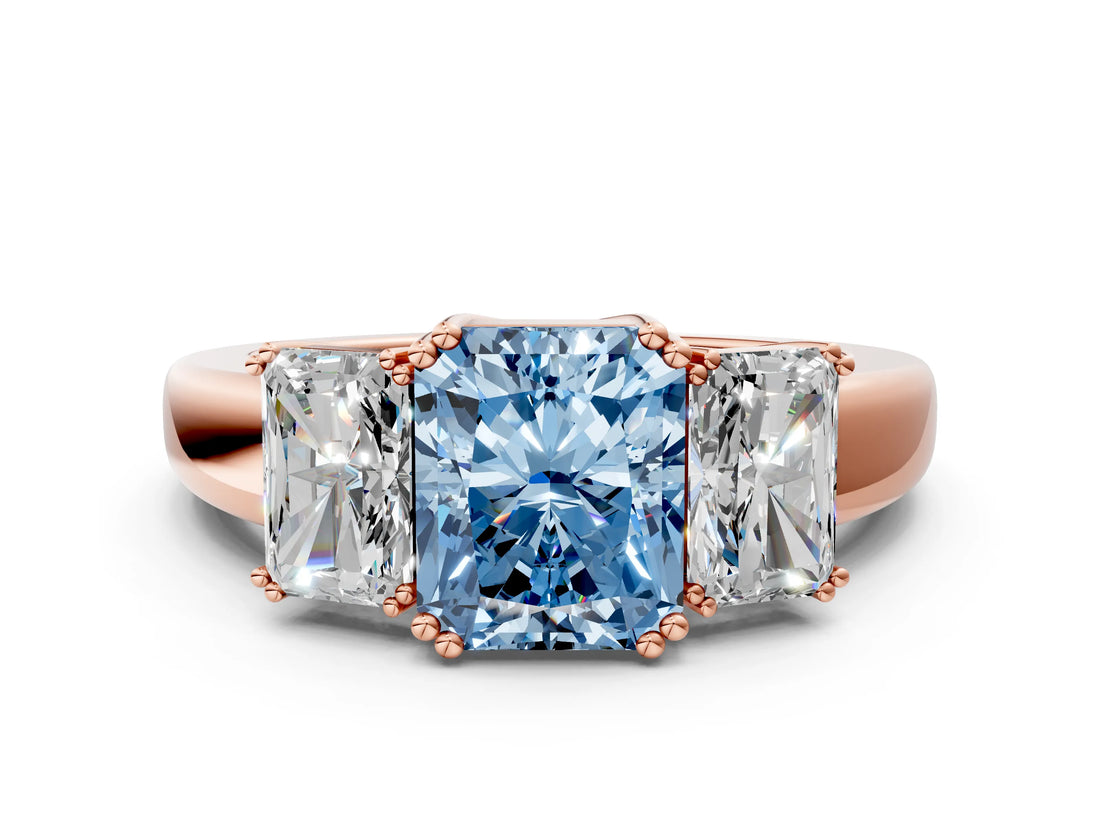 Rose gold Three-Stone Fancy Blue Radiant Cut Cut Diamond Ring with Channel Set Band and Four-Prong Setting_24
