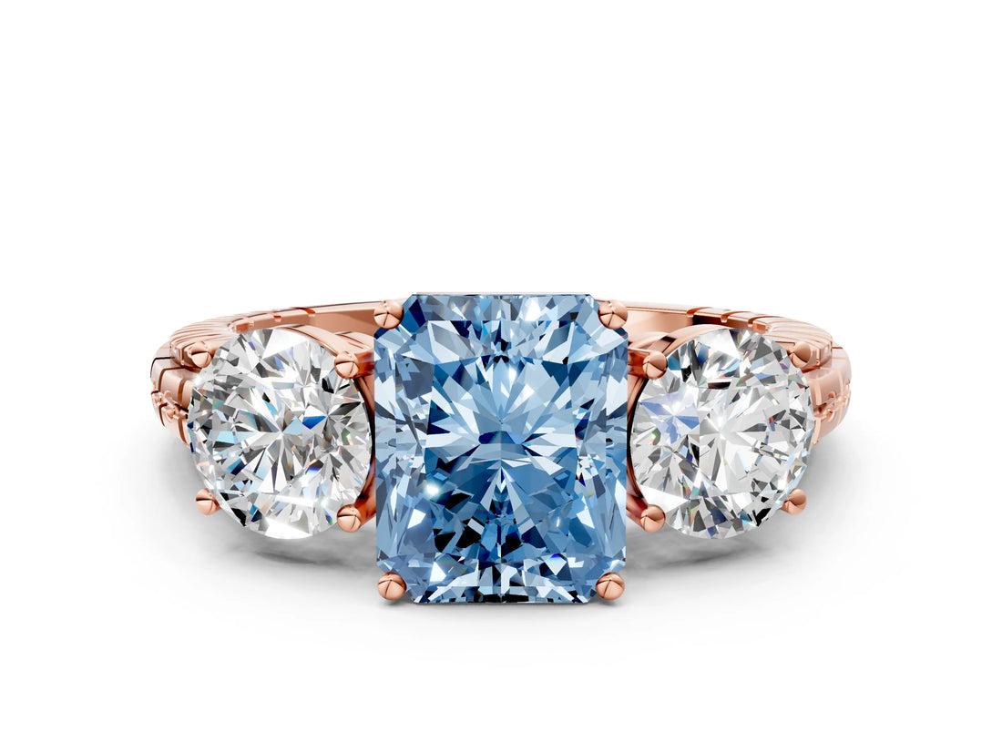 Rose gold Three-Stone Fancy Blue Radiant Cut Cut Diamond Ring with Channel-Set Band and Prong Setting