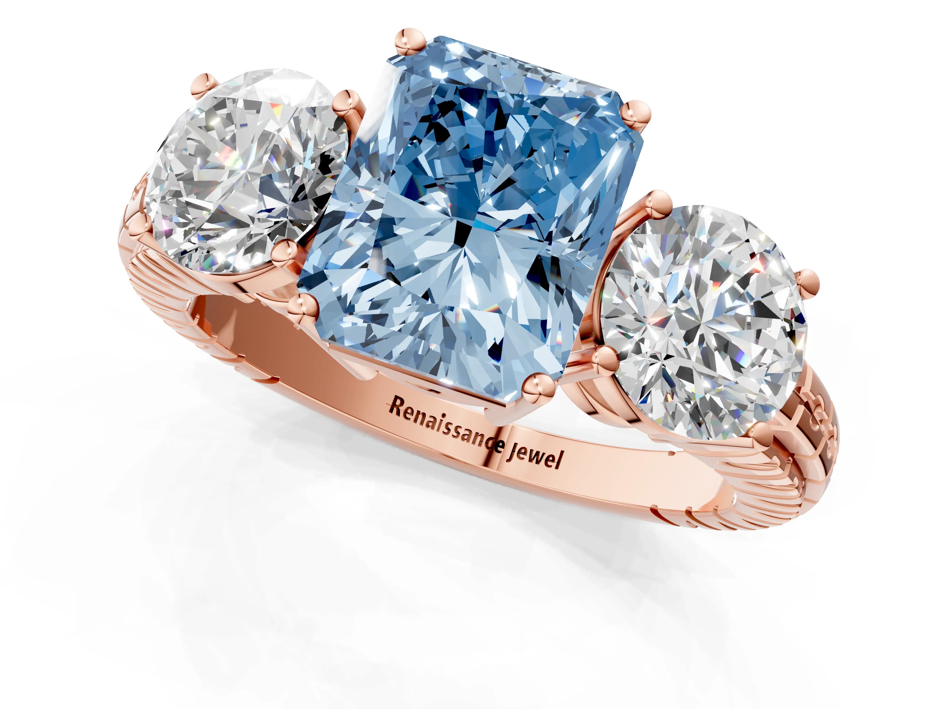 Rose gold Three-Stone Fancy Blue Radiant Cut Cut Diamond Ring with Channel-Set Band and Prong Setting_1