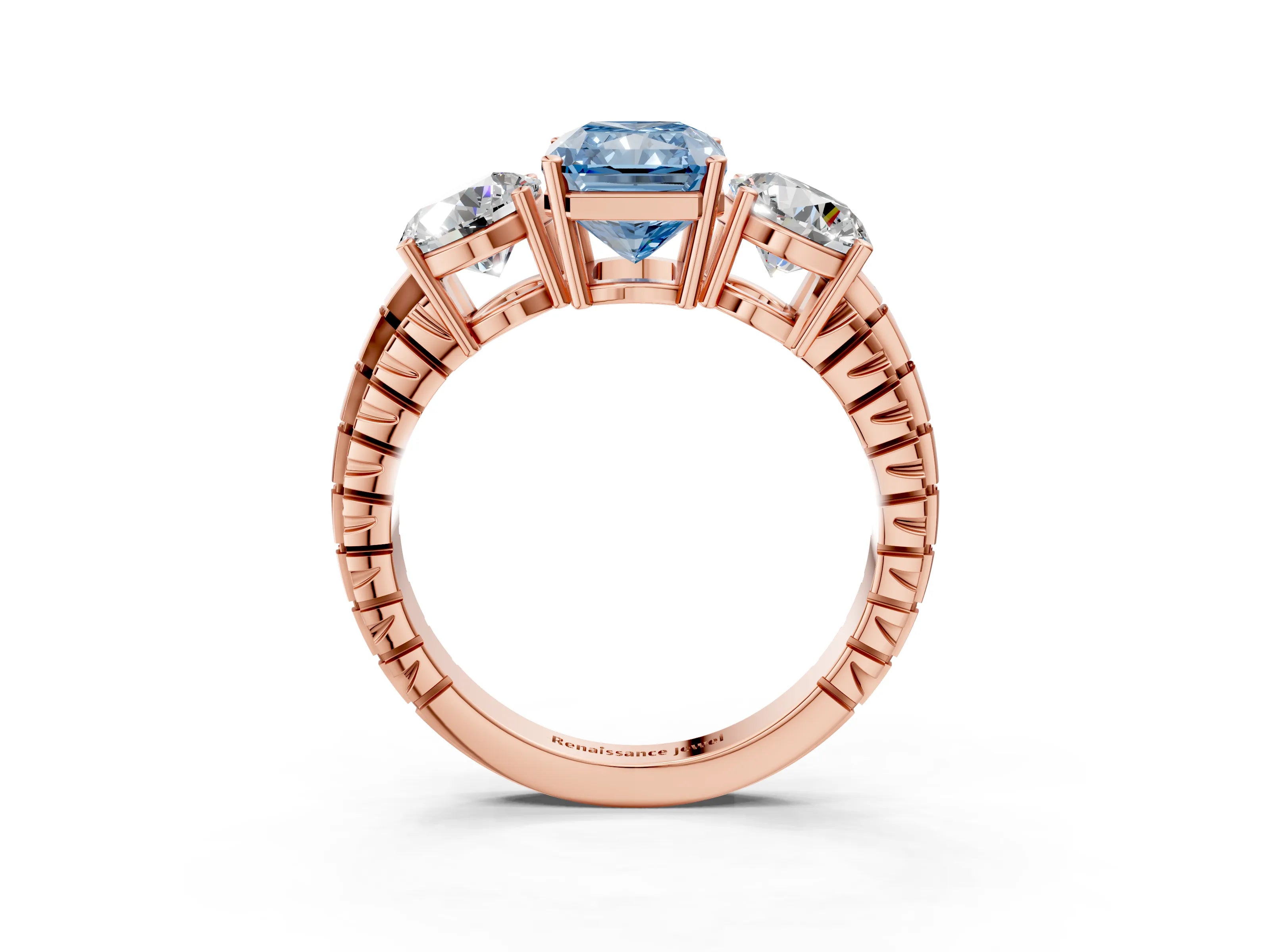 Rose gold Three-Stone Fancy Blue Radiant Cut Cut Diamond Ring with Channel-Set Band and Prong Setting_3