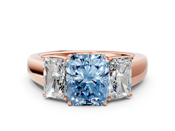 Rose gold Three-Stone Fancy Blue Radiant Cut Cut Diamond Ring with Prong Setting and Classic Band
