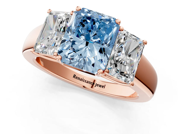 Rose gold Three-Stone Fancy Blue Radiant Cut Cut Diamond Ring with Prong Setting and Classic Band