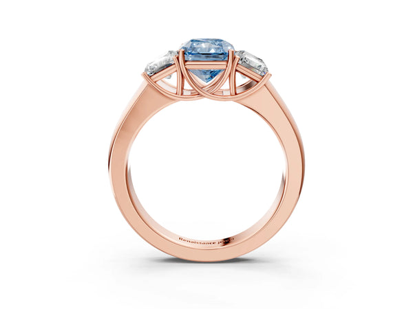 Rose gold Three-Stone Fancy Blue Radiant Cut Cut Diamond Ring with Prong Setting and Classic Band