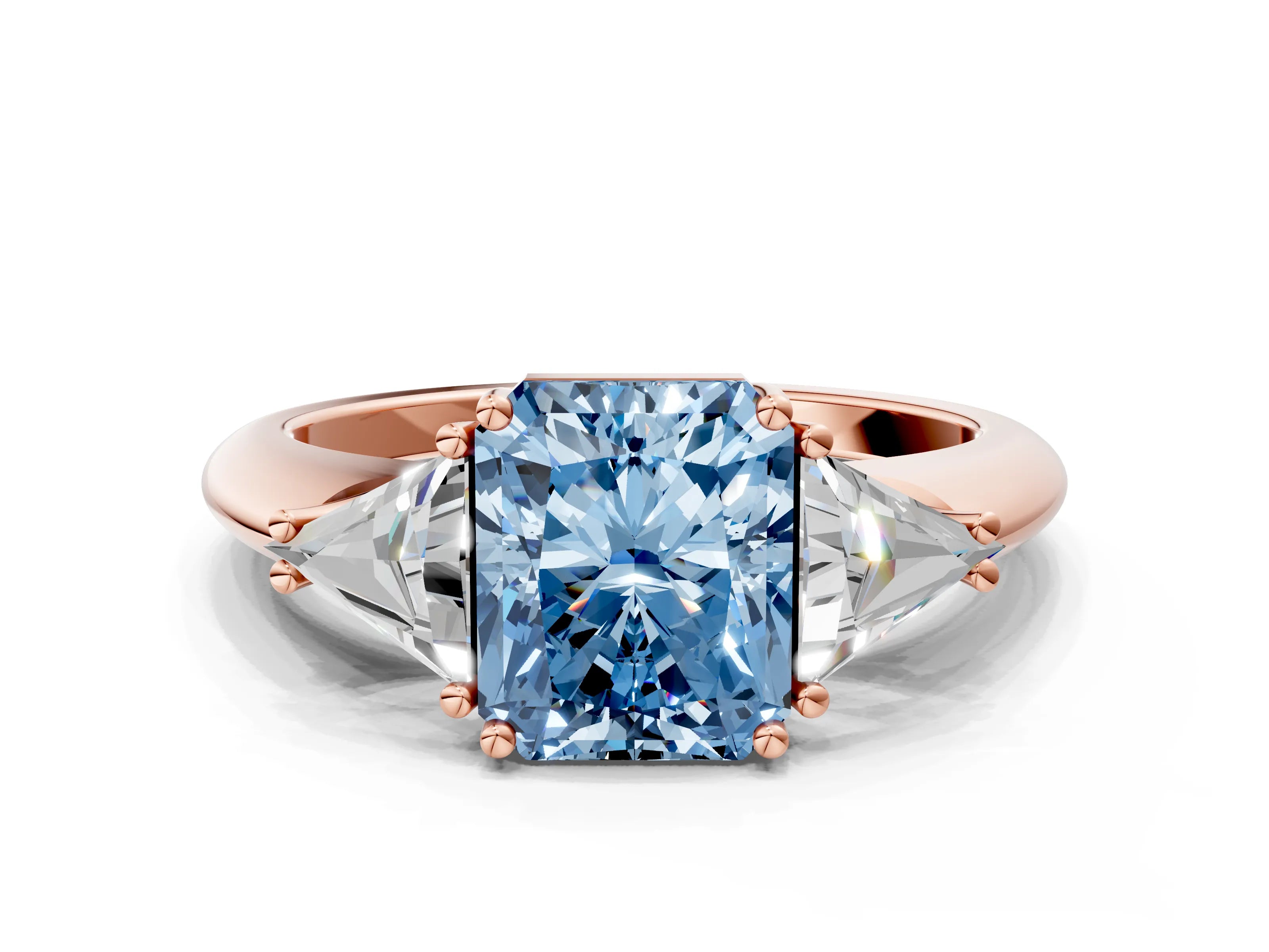 Rose gold Three-Stone Fancy Blue Radiant Cut Cut Diamond Ring with Trillion Side Stones and Four-Prong Setting_3