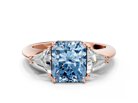 Rose gold Three-Stone Fancy Blue Radiant Cut Cut Diamond Ring with Trillion Side Stones and Four-Prong Setting_3