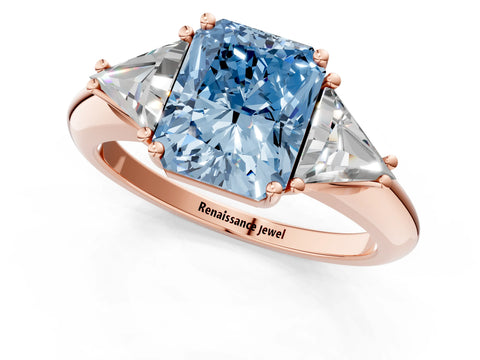 Rose gold Three-Stone Fancy Blue Radiant Cut Cut Diamond Ring with Trillion Side Stones and Four-Prong Setting_4