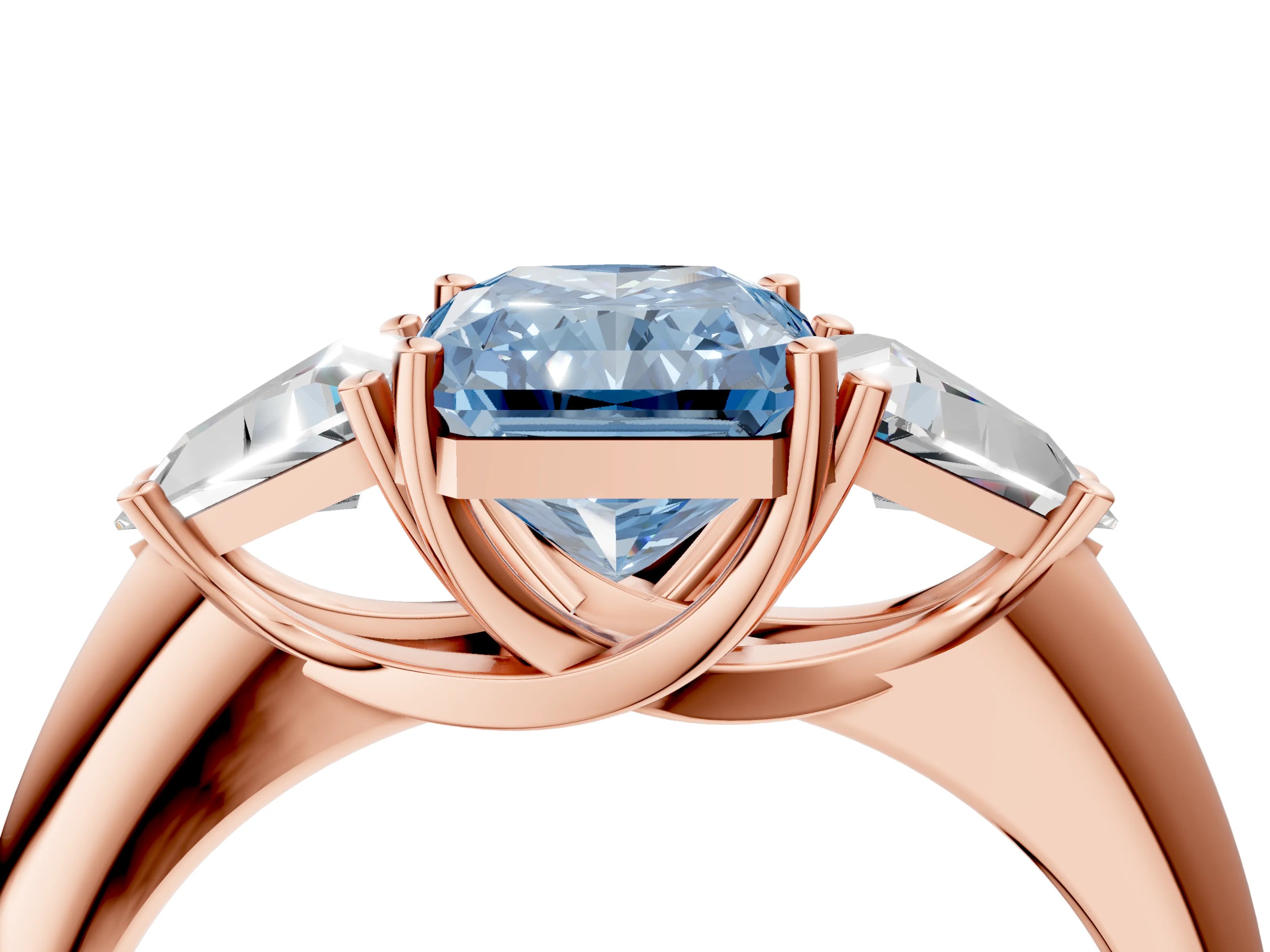 Rose gold Three-Stone Fancy Blue Radiant Cut Cut Diamond Ring with Trillion Side Stones and Four-Prong Setting_7
