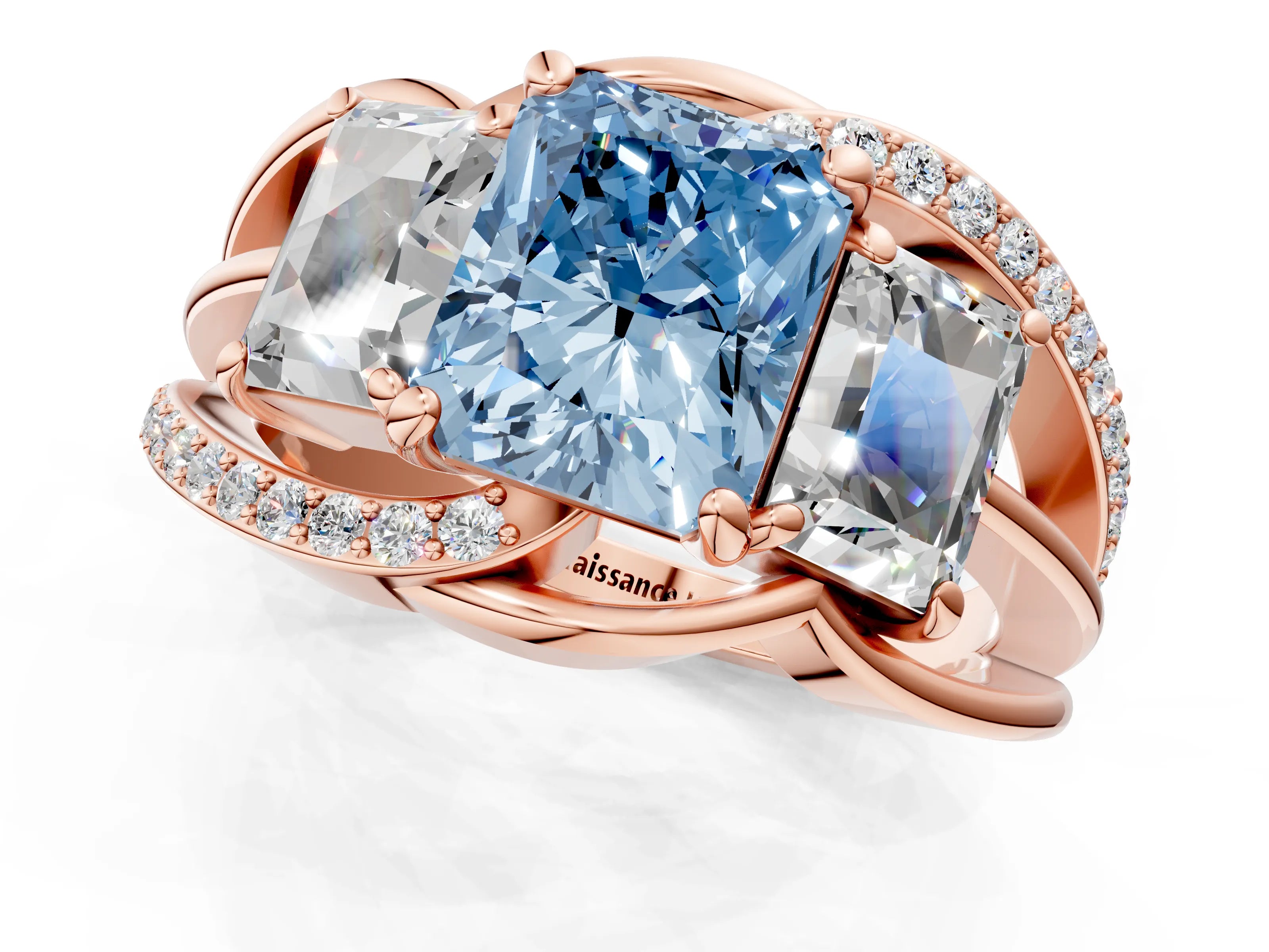 Rose gold Three-Stone Fancy Blue Radiant Cut Cut Diamond Split Shank Prong Set Ring_1