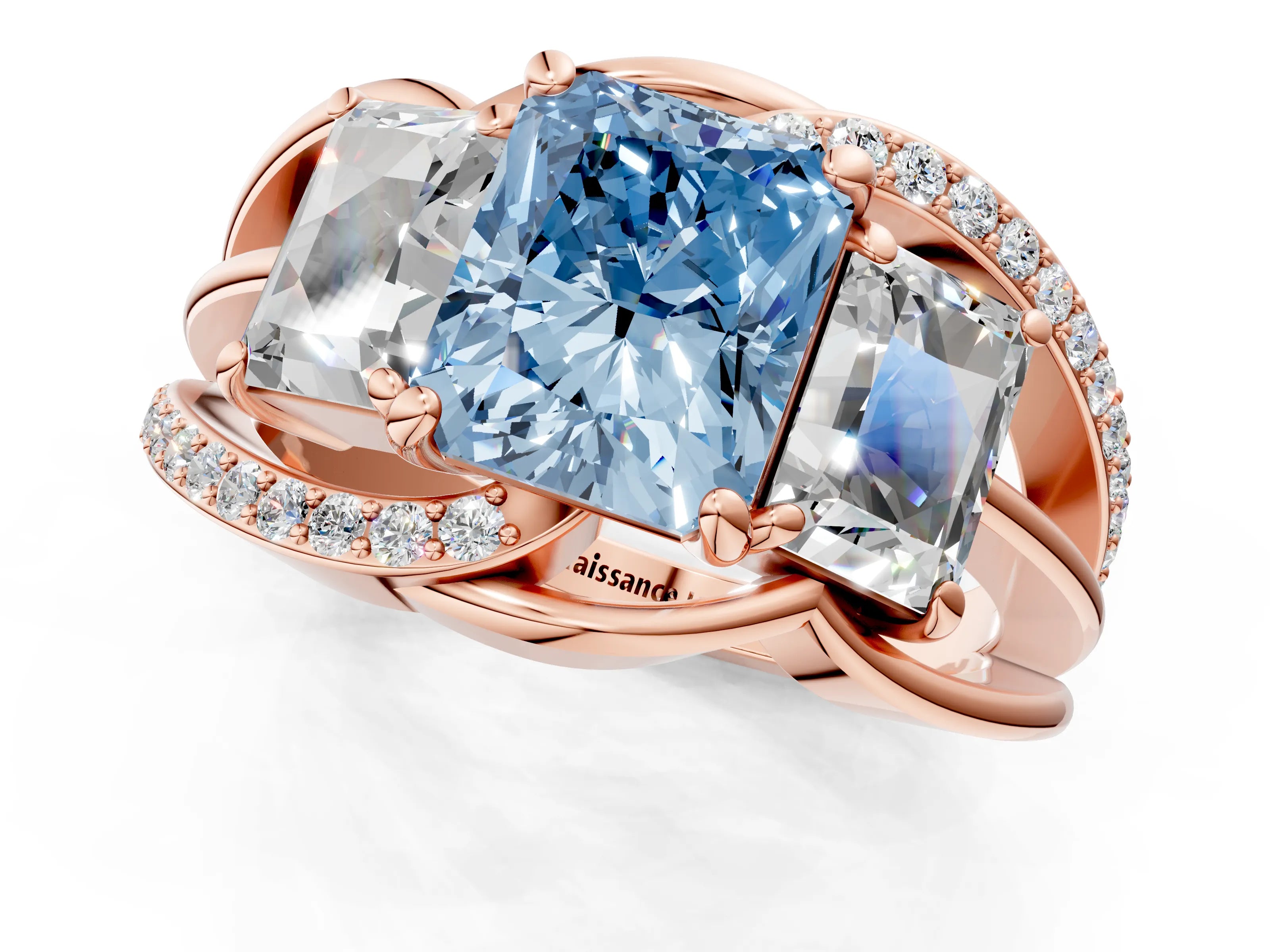Rose gold Three-Stone Fancy Blue Radiant Cut Cut Diamond Split Shank Prong Set Ring_13